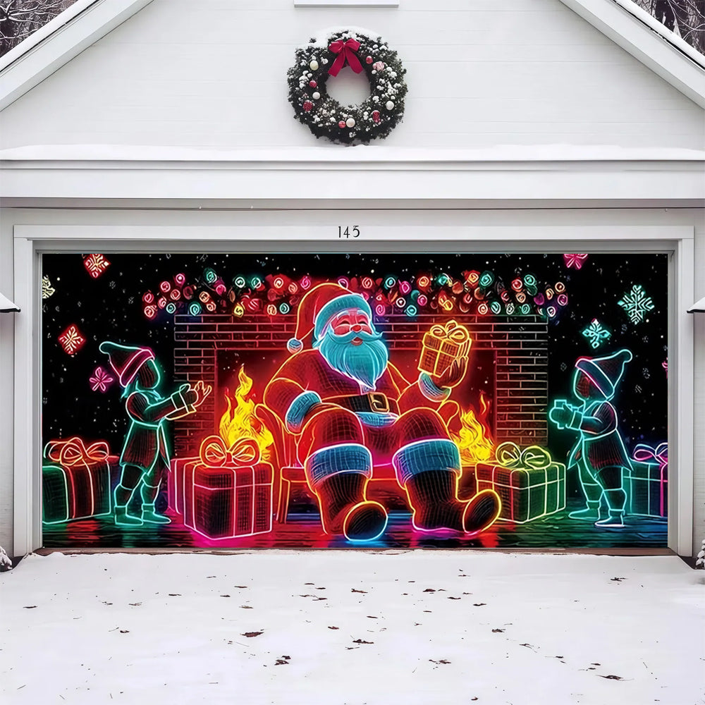 Neon Santa Fireplace | Christmas Garage Door Cover