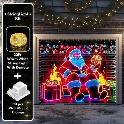 Neon Santa Fireplace | Christmas Garage Door Cover